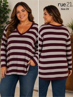 Rue 21 Plus Size Striped V-Neck Tunic Top 2X Burgundy Gray Long Sleeve